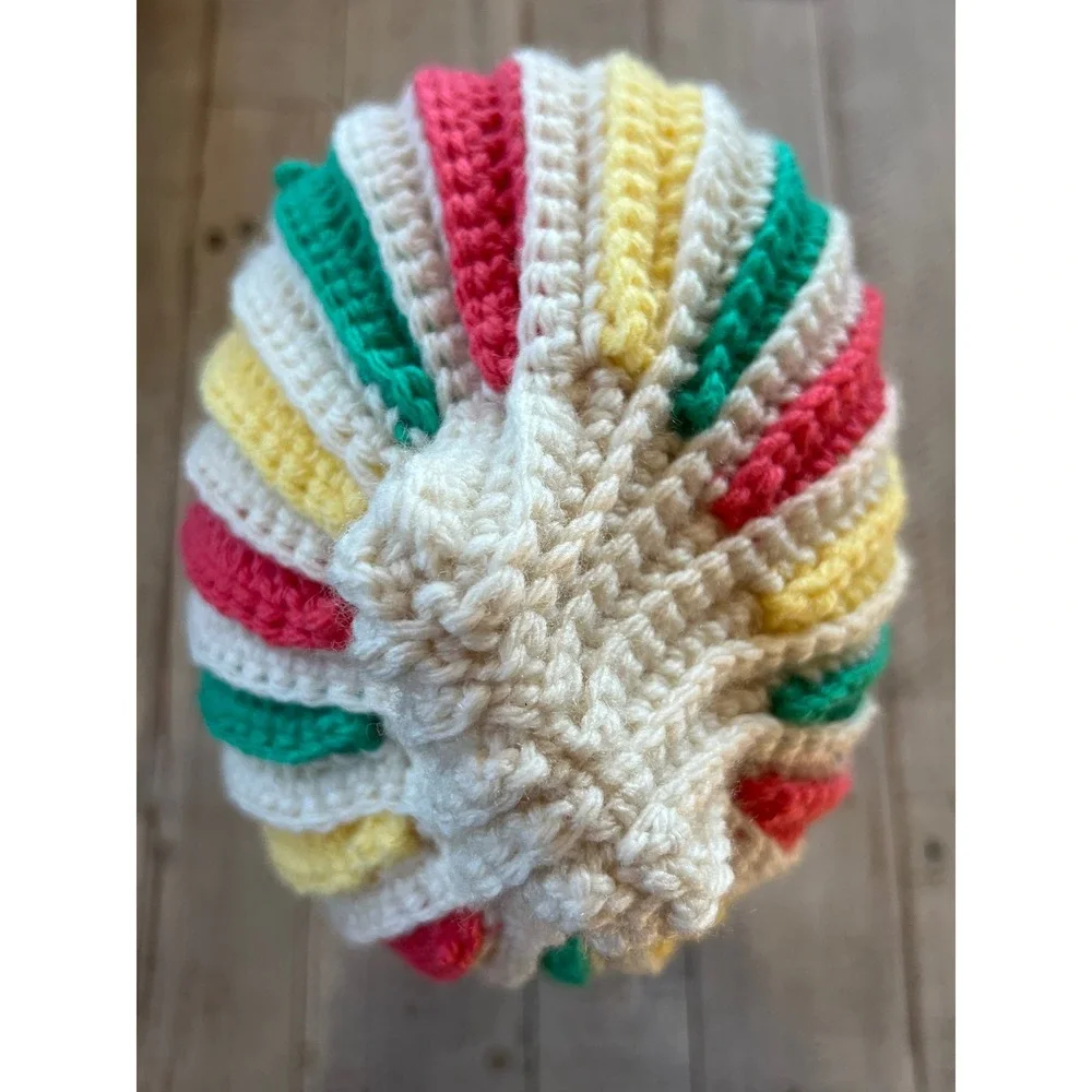 Handmade Crochet Striped Beanie‎ Cream Red Yellow Green Ribbed Knit Winter Hat